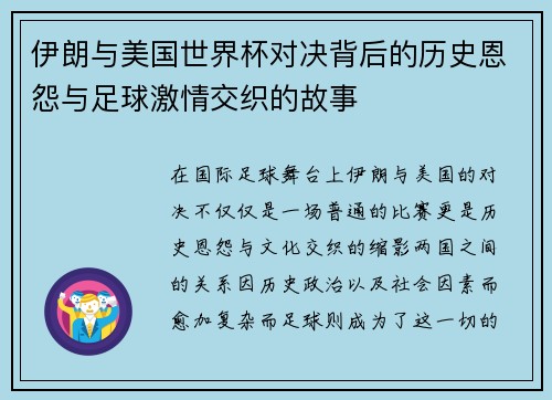伊朗与美国世界杯对决背后的历史恩怨与足球激情交织的故事